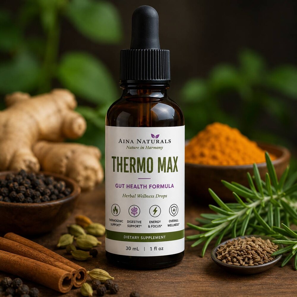Aina Naturals Thermo Max Gut Health Formula 1 oz amber glass dropper bottle
